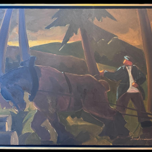 Milo Dardenne “Het trekpaard en zijn menner bij zonsondergang”, olieverfschilderij op canvas