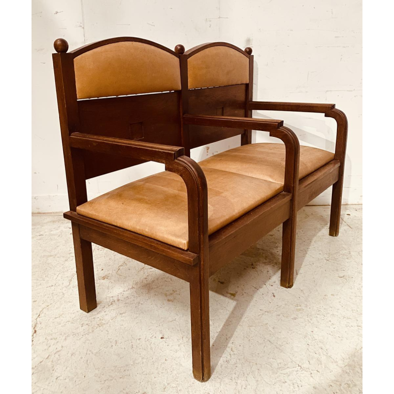 Art Deco two-seater bench in solid mahogany, 20th century