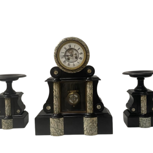 Portico clock and marble cassolettes, Louis Philippe period, 19th century