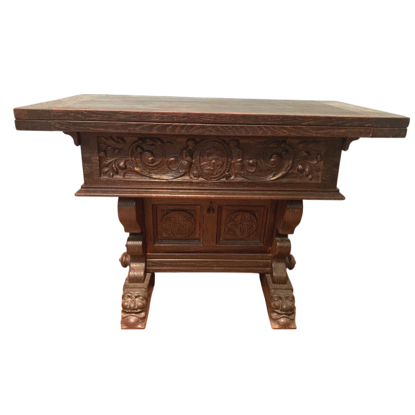 Carved oak table or console, drop-leaf top, 20th century