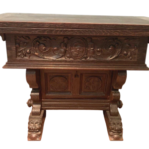Table ou console en chêne sculpté, plateau dépliant à abattant, XXᵉ siècle