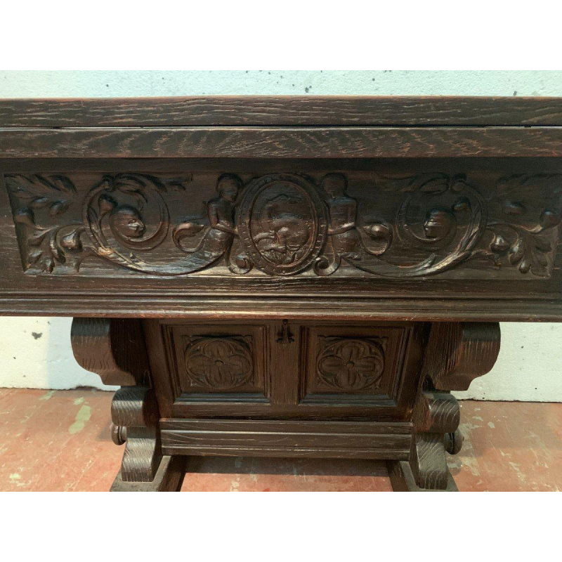 Carved oak table or console, drop-leaf top, 20th century