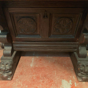 Carved oak table or console, drop-leaf top, 20th century