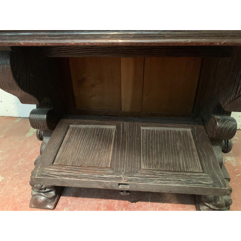 Carved oak table or console, drop-leaf top, 20th century