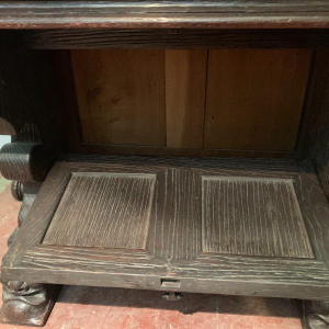 Carved oak table or console, drop-leaf top, 20th century