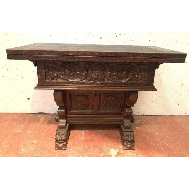 Gesneden eikenhouten tafel of console met uitklapbaar blad, 20e eeuw