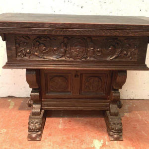 Gesneden eikenhouten tafel of console met uitklapbaar blad, 20e eeuw