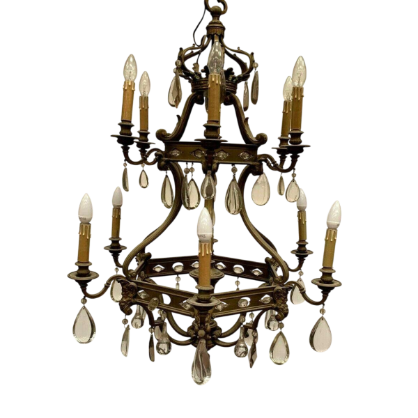Renaissance-style cage chandelier in bronze with colored glass pendants, 19th century