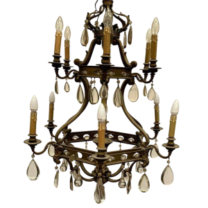Renaissance-style cage chandelier in bronze with colored glass pendants, 19th century