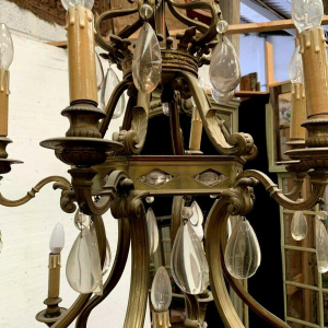 Renaissance-style cage chandelier in bronze with colored glass pendants, 19th century