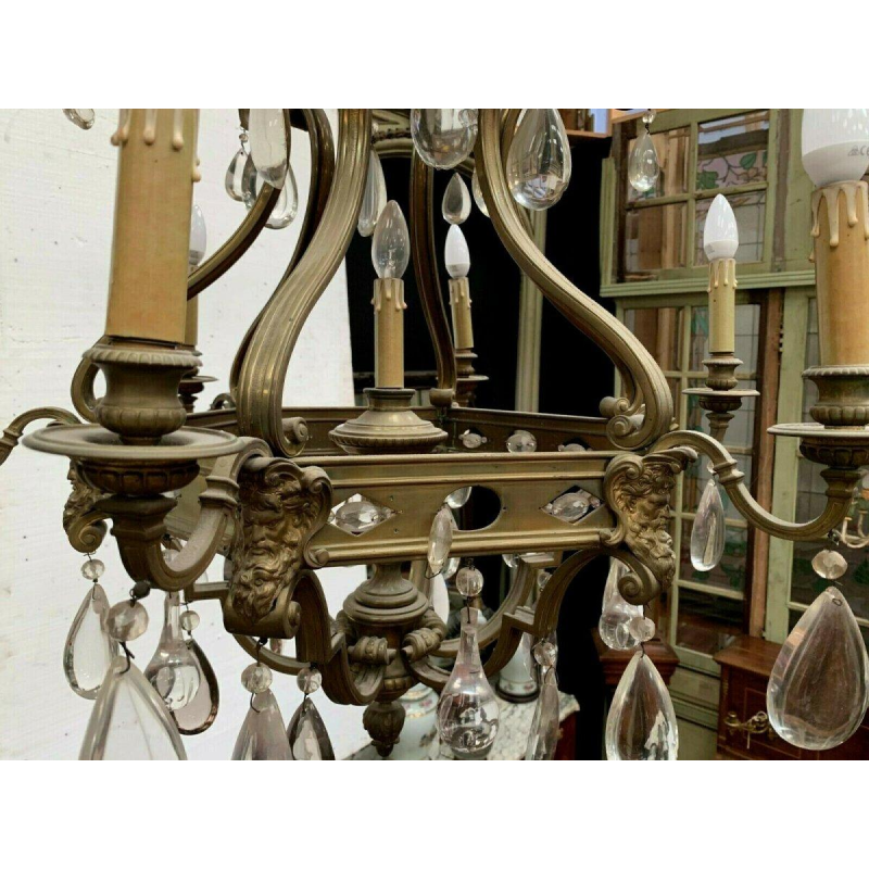 Renaissance-style cage chandelier in bronze with colored glass pendants, 19th century