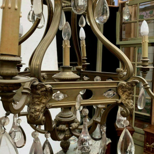 Renaissance-style cage chandelier in bronze with colored glass pendants, 19th century