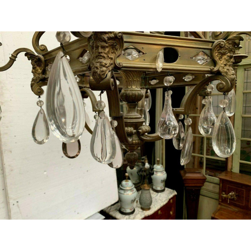 Renaissance-style cage chandelier in bronze with colored glass pendants, 19th century