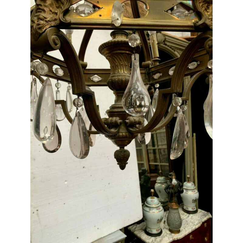 Renaissance-style cage chandelier in bronze with colored glass pendants, 19th century