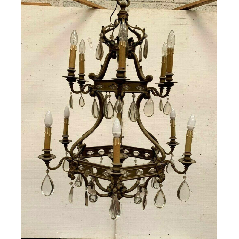 Renaissance-style cage chandelier in bronze with colored glass pendants, 19th century