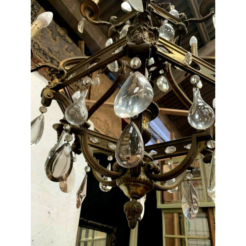 Renaissance-style cage chandelier in bronze with colored glass pendants, 19th century