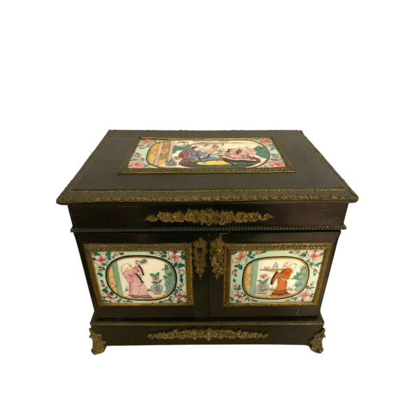 Napoleon III liquor cabinet, porcelain plaques and marquetry, 19th century