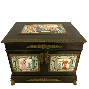 Napoleon III liquor cabinet, porcelain plaques and marquetry, 19th century