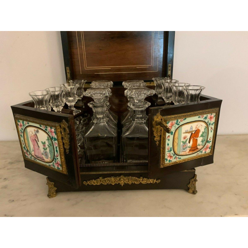 Napoleon III liquor cabinet, porcelain plaques and marquetry, 19th century