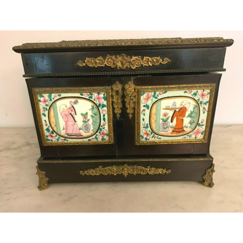 Napoleon III liquor cabinet, porcelain plaques and marquetry, 19th century