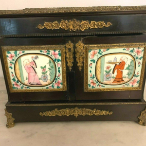 Napoleon III liquor cabinet, porcelain plaques and marquetry, 19th century