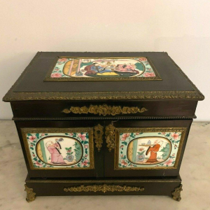Napoleon III liquor cabinet, porcelain plaques and marquetry, 19th century