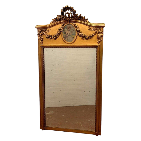 Louis XVI style trumeau mirror in wood and gilded stucco, 20th century