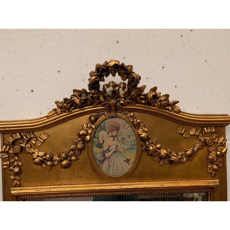 Louis XVI style trumeau mirror in wood and gilded stucco, 20th century