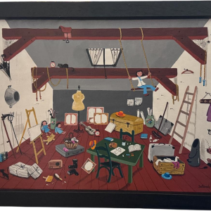 Marie-Louise BATARDY «Au grenier» 1976 peinture sur toile.