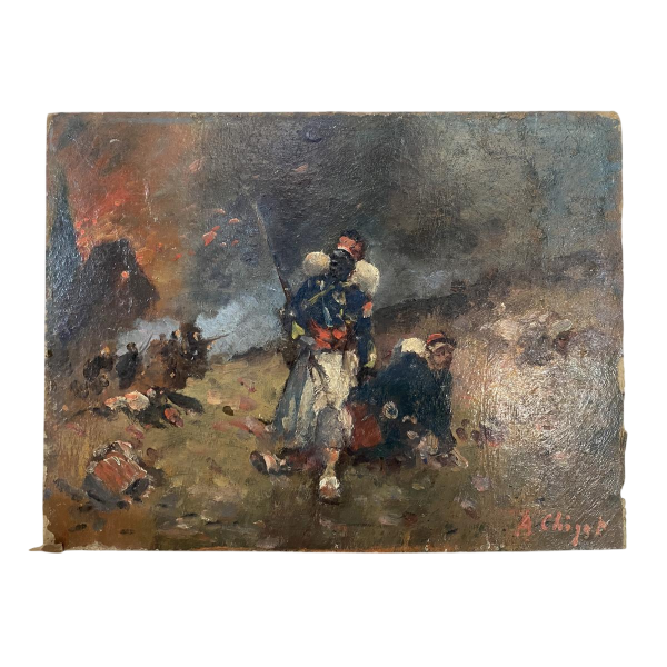 Alphonse Chigot "Military Scene" oil painting on panel, 19th century