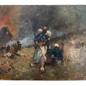 Alphonse Chigot "Militaire scène", olieverfschilderij op paneel, 19e eeuw.