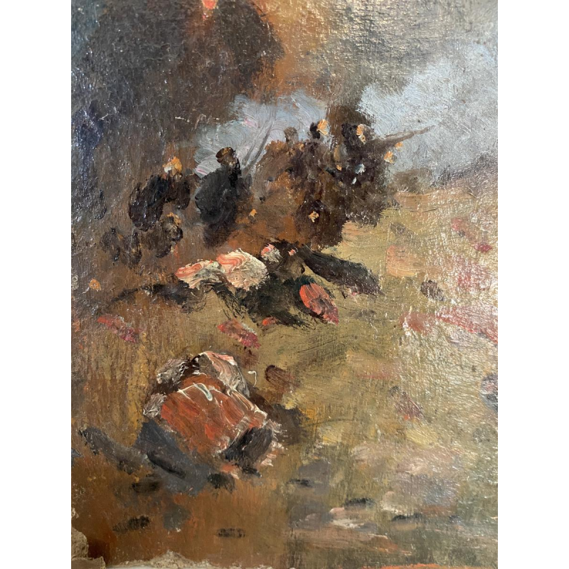 Alphonse Chigot "Militaire scène", olieverfschilderij op paneel, 19e eeuw.