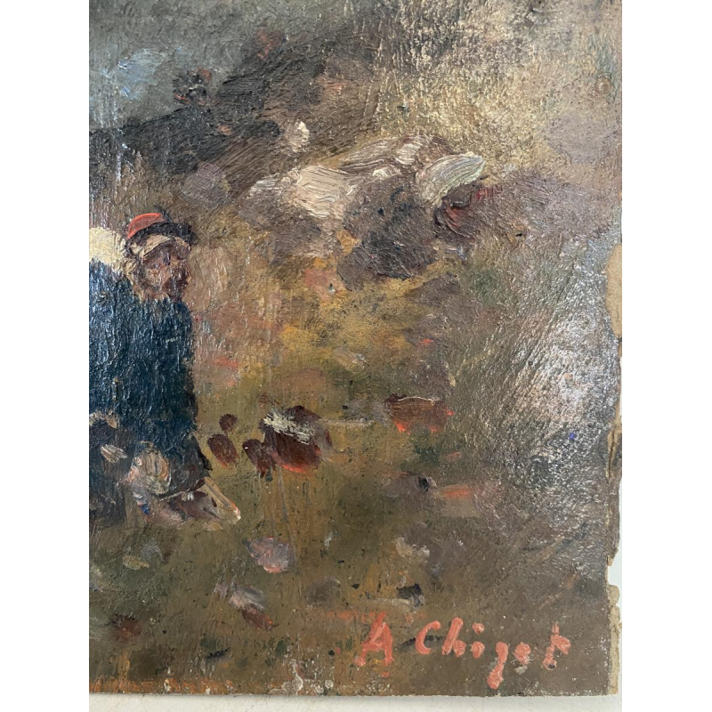 Alphonse Chigot "Militaire scène", olieverfschilderij op paneel, 19e eeuw.