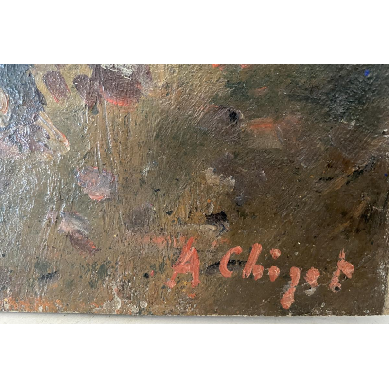Alphonse Chigot "Militaire scène", olieverfschilderij op paneel, 19e eeuw.