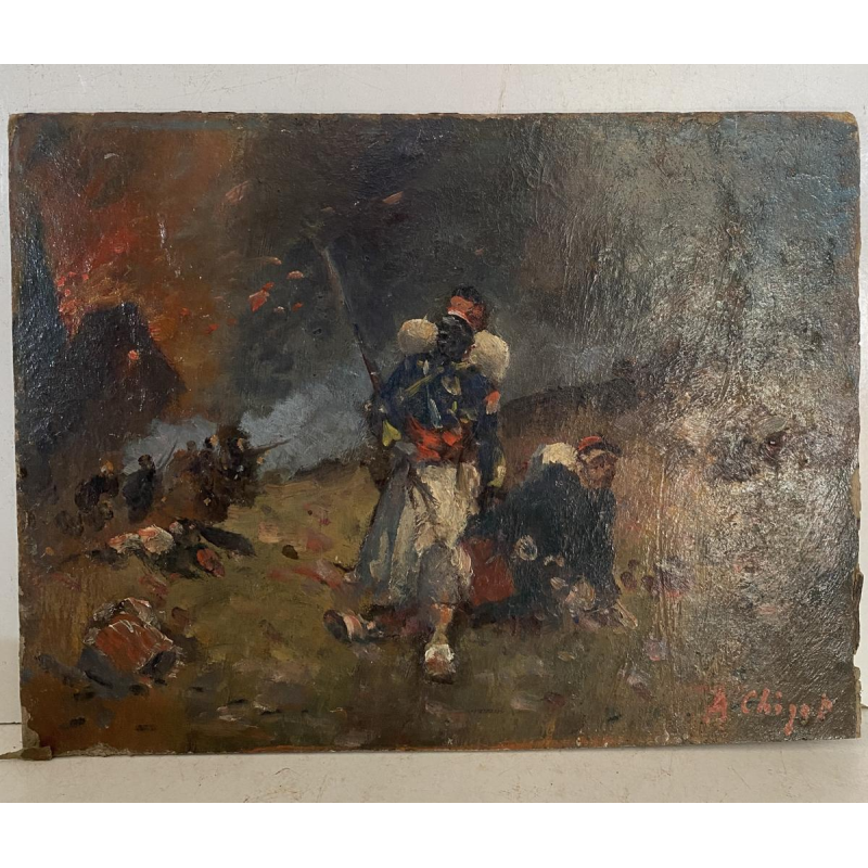 Alphonse Chigot "Military Scene" oil painting on panel, 19th century