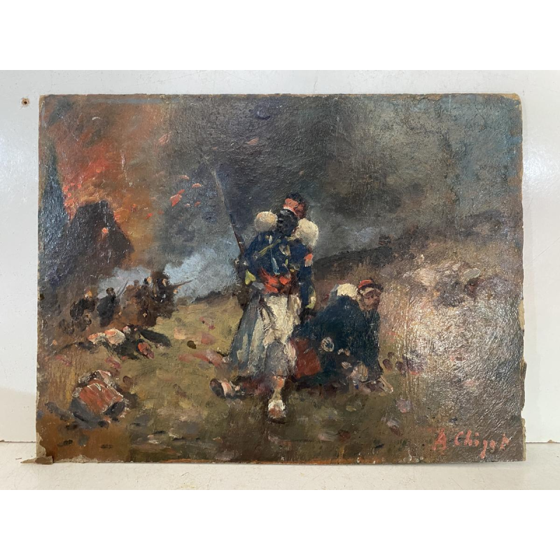Alphonse Chigot "Militaire scène", olieverfschilderij op paneel, 19e eeuw.