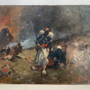 Alphonse Chigot "Militaire scène", olieverfschilderij op paneel, 19e eeuw.