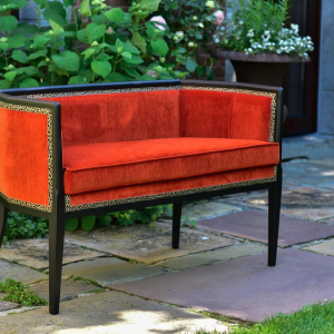 Fully restored Art Deco sofa, orange Linwood English velvet, circa 1930