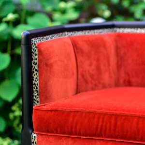Fully restored Art Deco sofa, orange Linwood English velvet, circa 1930