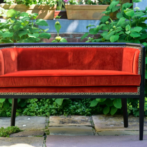 Fully restored Art Deco sofa, orange Linwood English velvet, circa 1930