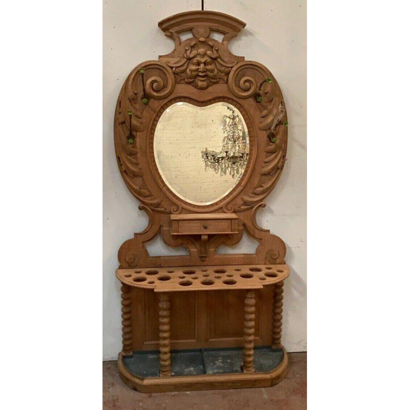 Porte manteau / parapluie / miroir en chêne sculpté, XXᵉ siècle