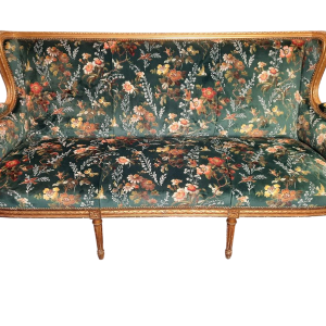 Classic style giltwood sofa, fully restored, upholstered in Clarke & Clarke floral green velvet