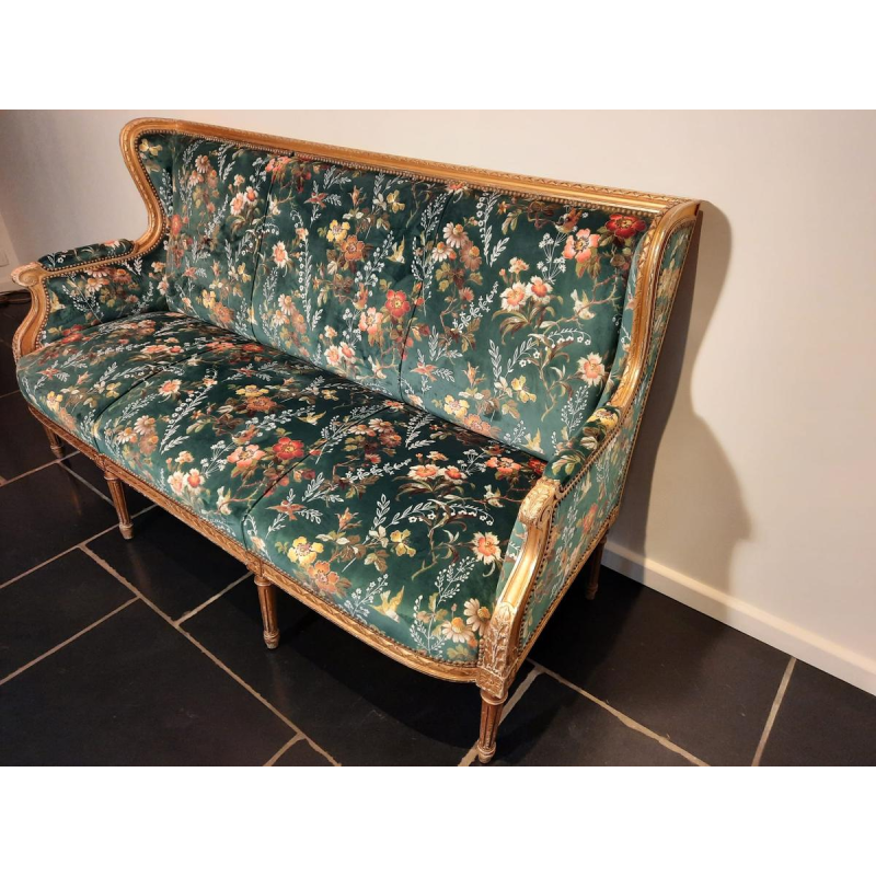 Classic style giltwood sofa, fully restored, upholstered in Clarke & Clarke floral green velvet