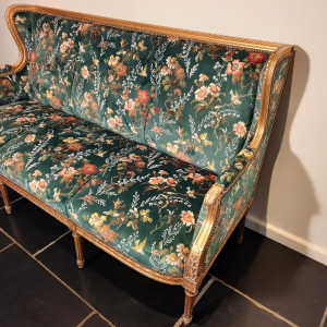 Classic style giltwood sofa, fully restored, upholstered in Clarke & Clarke floral green velvet