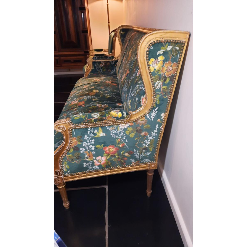 Classic style giltwood sofa, fully restored, upholstered in Clarke & Clarke floral green velvet