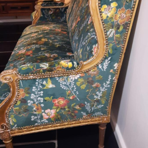 Classic style giltwood sofa, fully restored, upholstered in Clarke & Clarke floral green velvet