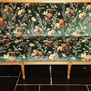 Classic style giltwood sofa, fully restored, upholstered in Clarke & Clarke floral green velvet