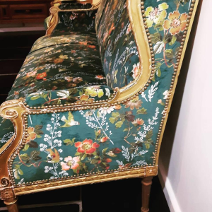 Classic style giltwood sofa, fully restored, upholstered in Clarke & Clarke floral green velvet