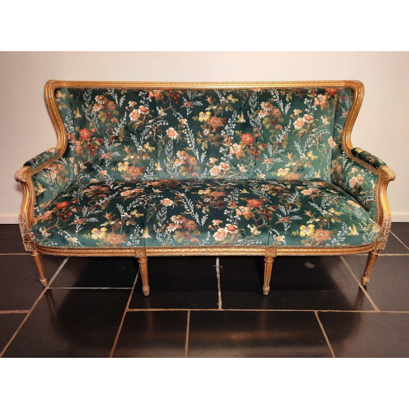Classic style giltwood sofa, fully restored, upholstered in Clarke & Clarke floral green velvet