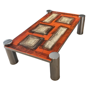 Coffee table in orange ceramic, cylindrical legs in chromed steel, 1960s